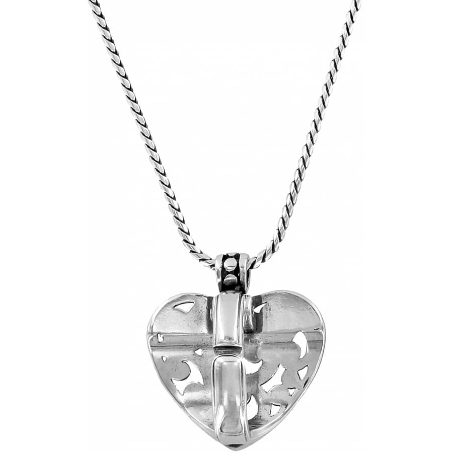 Brighton pendant necklace with silver-plated heart featuring cutout scroll details and cross overlay on a white background