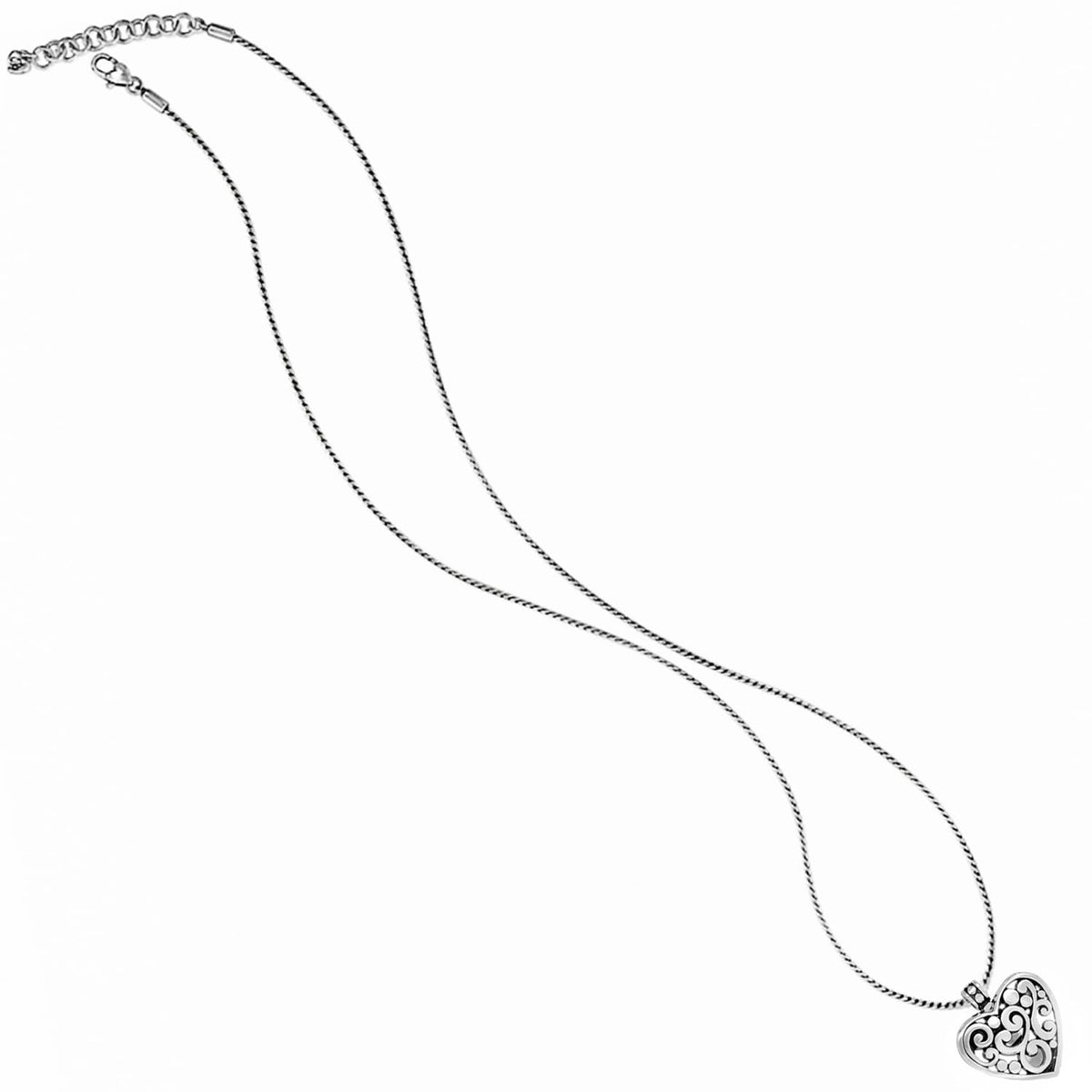Brighton pendant necklace with silver-plated scrolled heart charm and twisted chain with lobster clasp on a white background