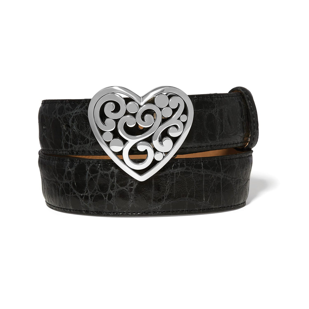 Brighton black croc-embossed leather belt with silver-tone scrolled heart buckle on a white background