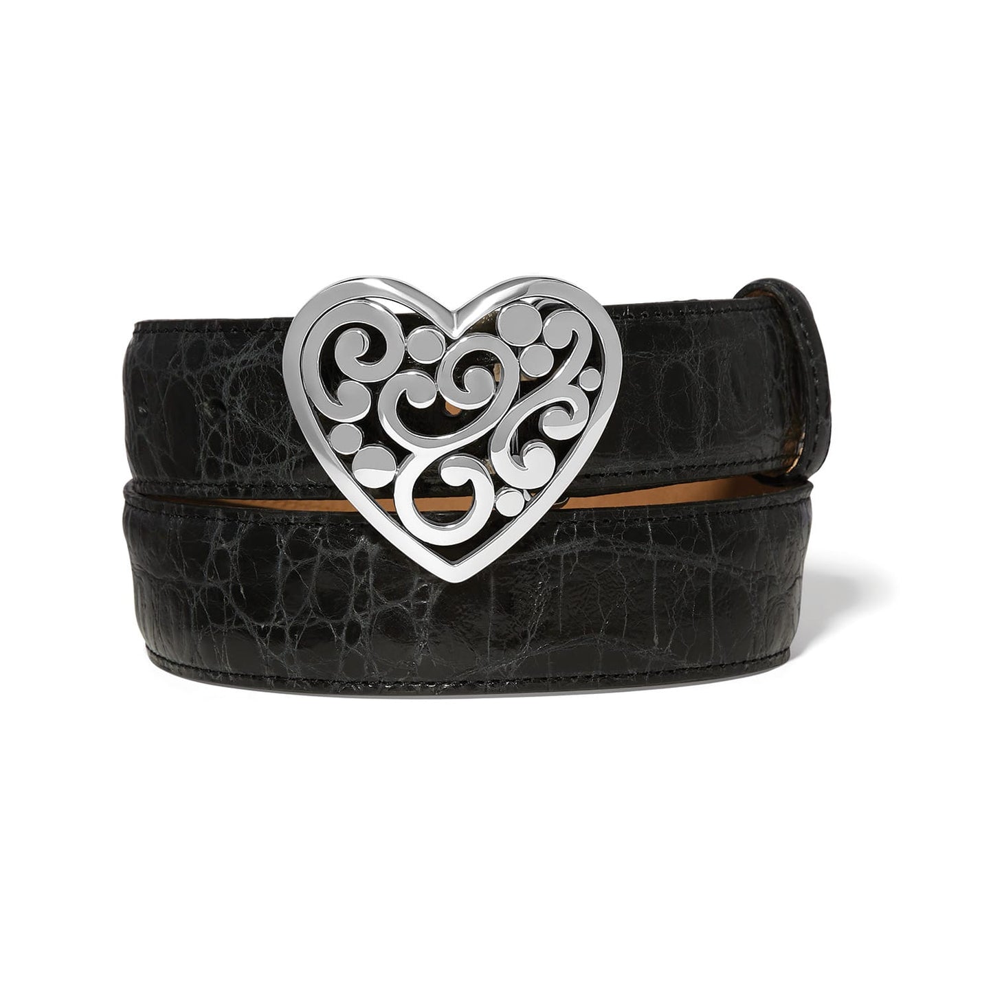 Brighton black croc-embossed leather belt with silver-tone scrolled heart buckle on a white background
