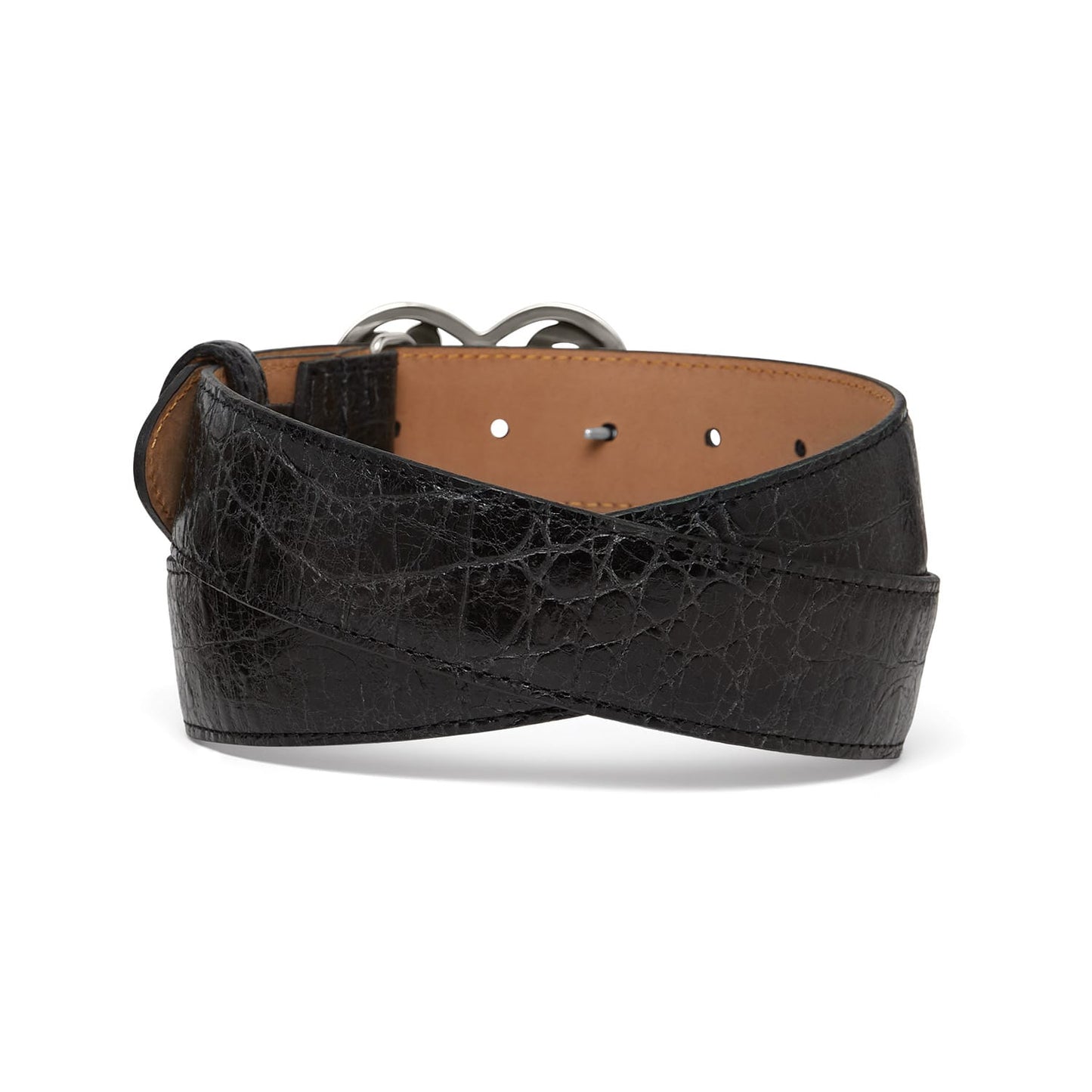 Brighton black croc-embossed leather belt shown coiled with tan interior lining and silver-tone buckle on a white background