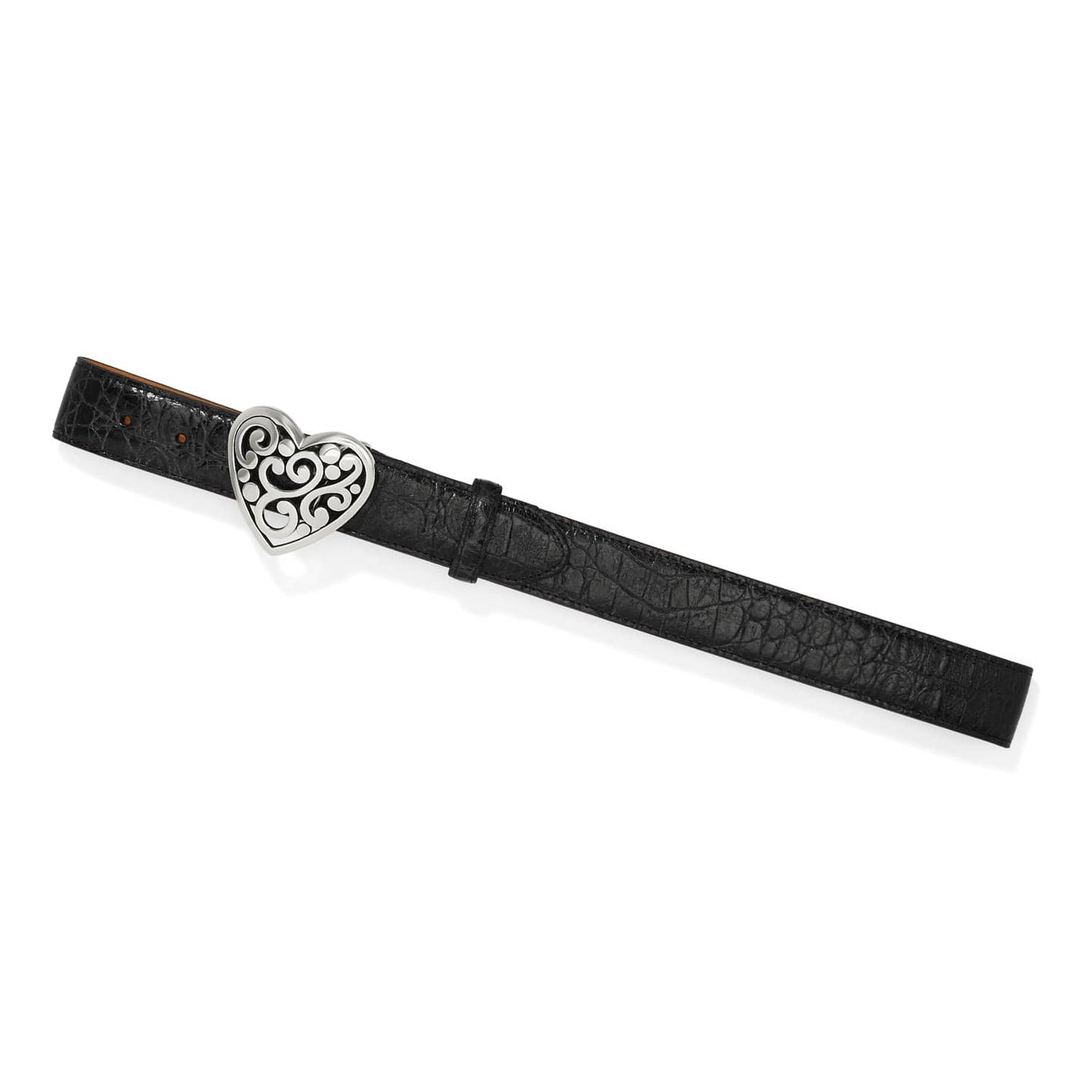 Brighton black leather belt with crocodile texture and silver-tone scrollwork heart buckle on a white background