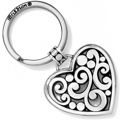 Brighton heart key fob with silver-plated scroll and dot filigree design and split ring on a white background