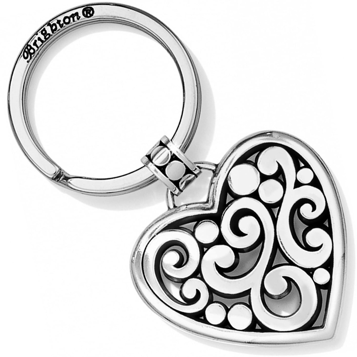 Brighton heart key fob with silver-plated scroll and dot filigree design and split ring on a white background