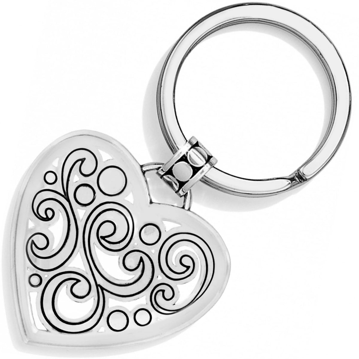 Brighton heart keychain with silver-plated swirl and dot openwork design and split ring on a white background
