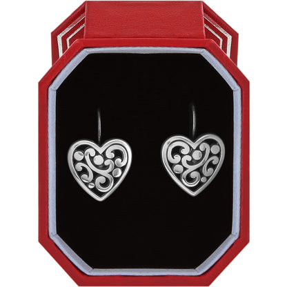 Brighton heart drop earrings with silver-plated scroll and dot filigree design in a red gift box on a white background