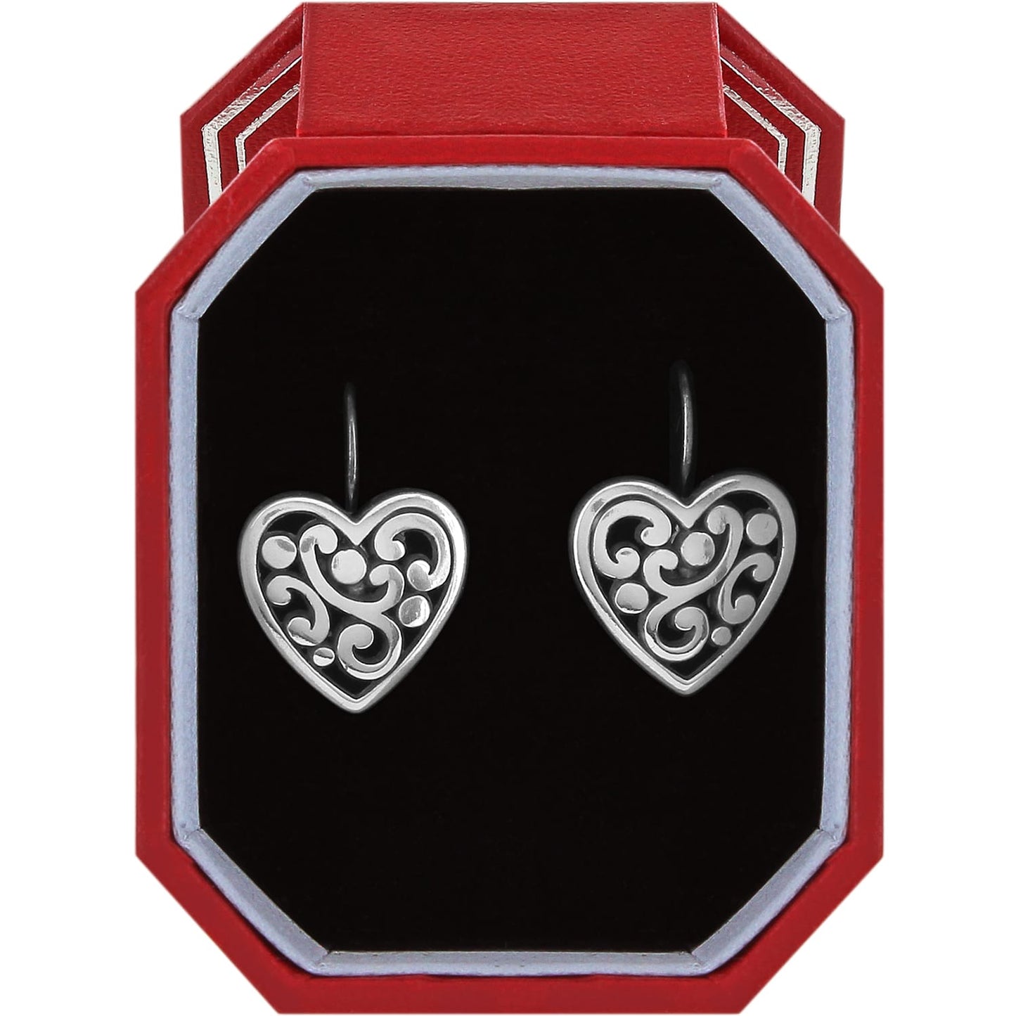 Brighton heart drop earrings with silver-plated scroll and dot filigree design in a red gift box on a white background