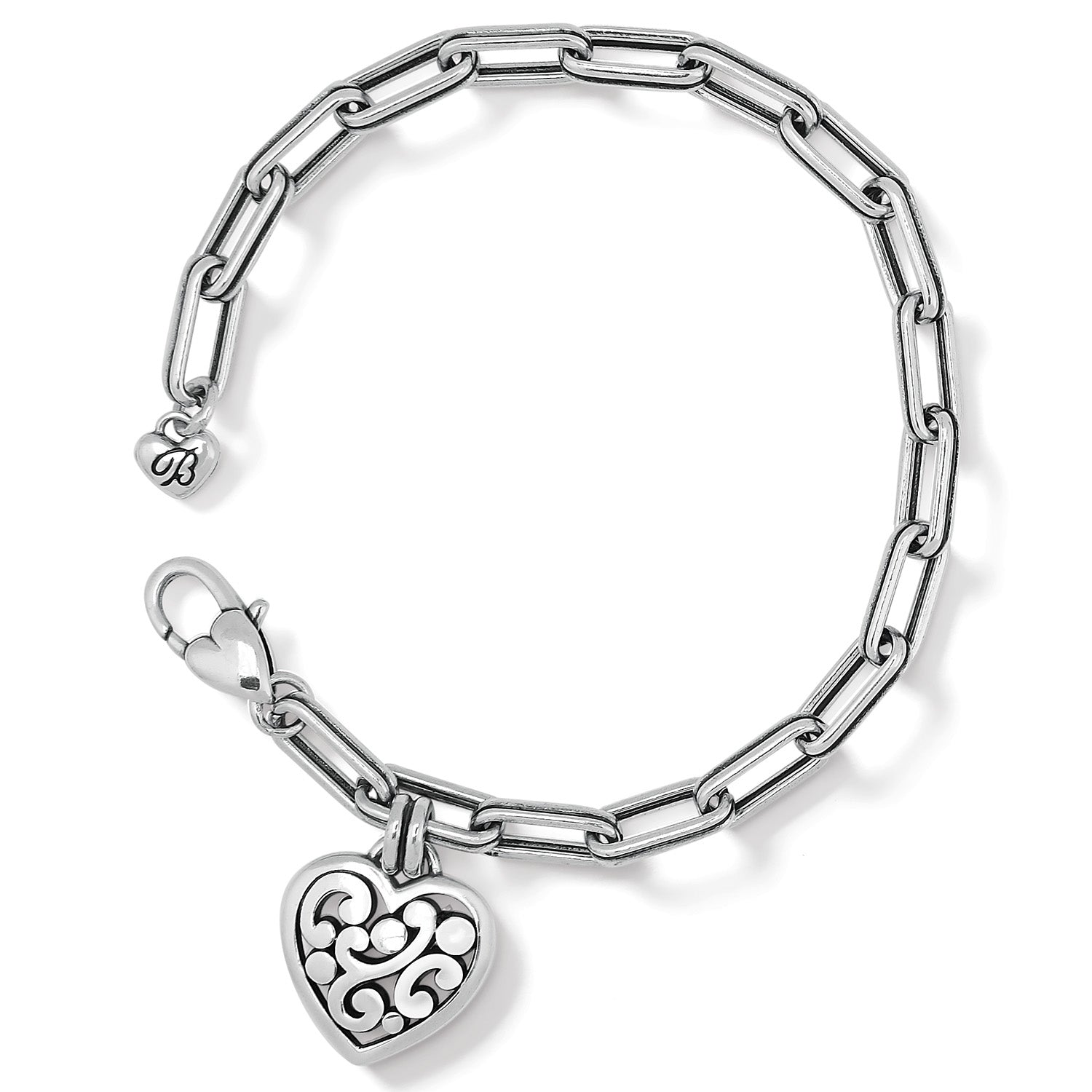 Brighton charm bracelet with silver-plated paperclip chain and scrolled heart pendant on a white background