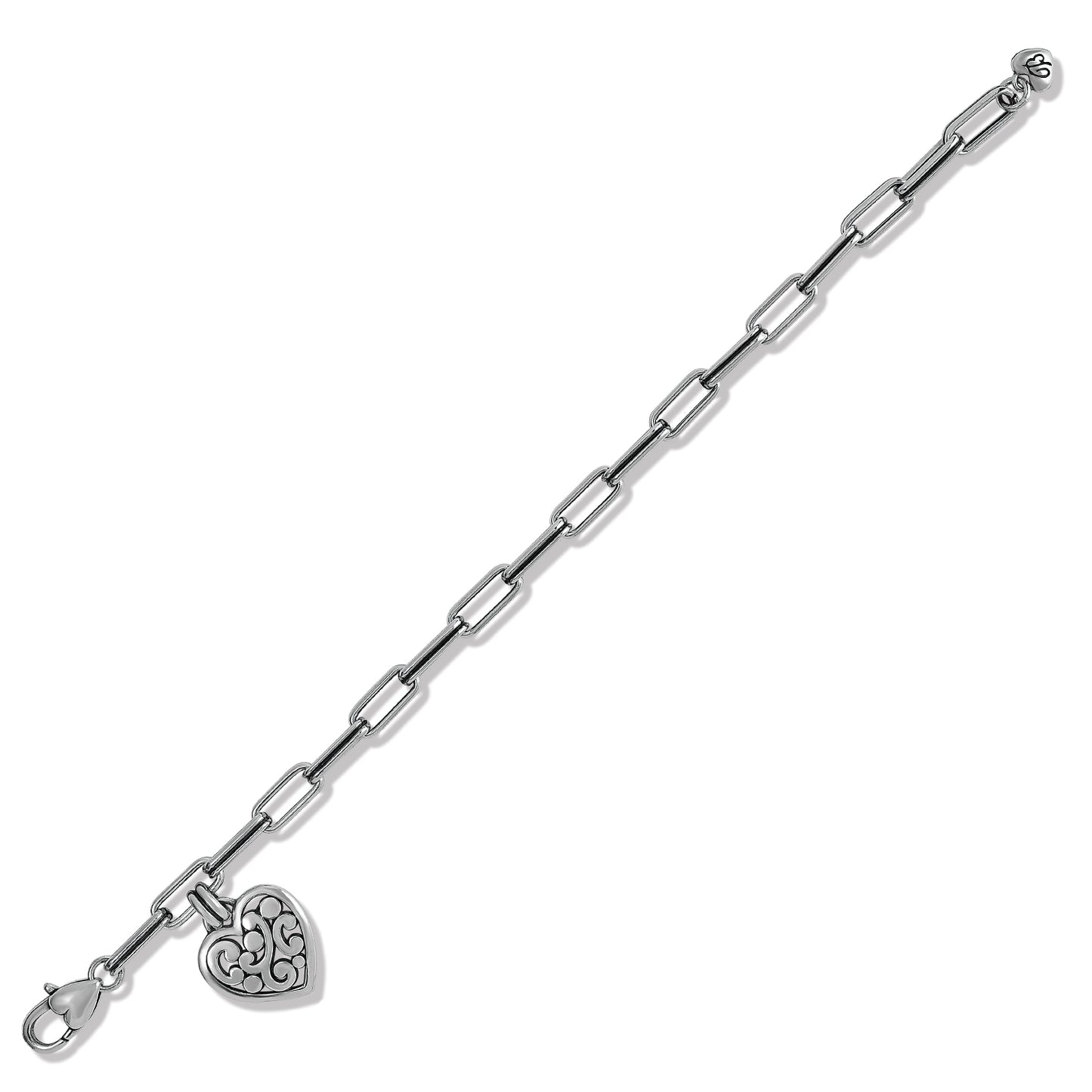 Brighton charm bracelet with silver-plated paperclip chain links and scrolled heart charm pendant on a white background