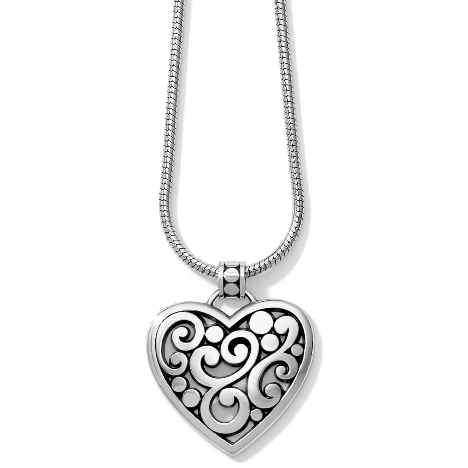 Brighton heart pendant necklace with silver-plated scroll and dot filigree design on snake chain on a white background