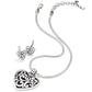 Brighton silver-plated heart pendant necklace with matching scroll-patterned drop earrings on a white background