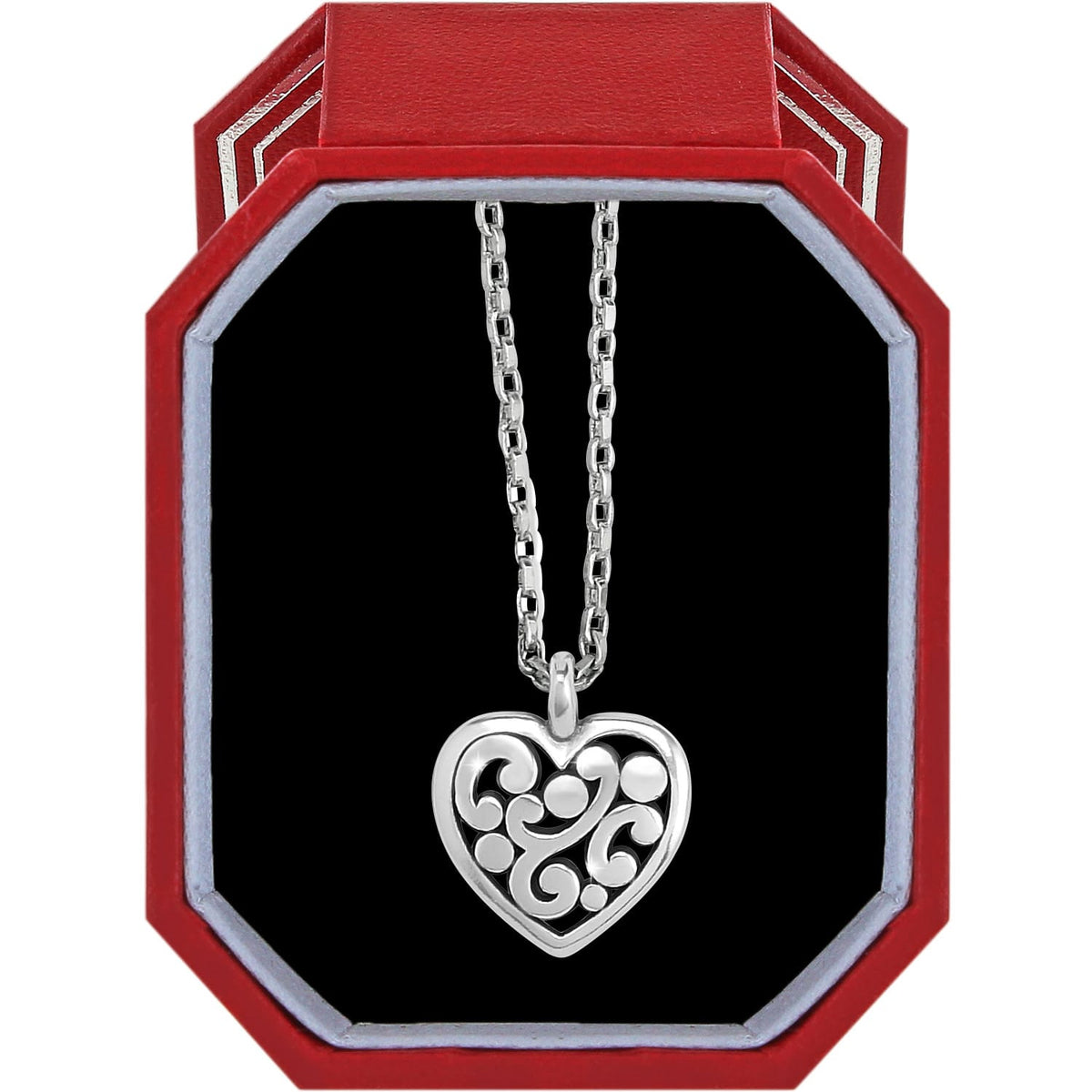 Brighton heart pendant necklace with silver-plated scroll design displayed in a red gift box on a white background