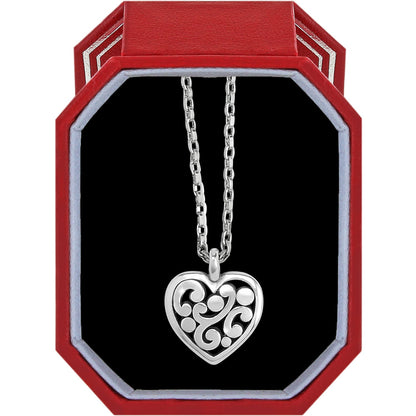 Brighton heart pendant necklace with silver-plated scroll design displayed in a red gift box on a white background