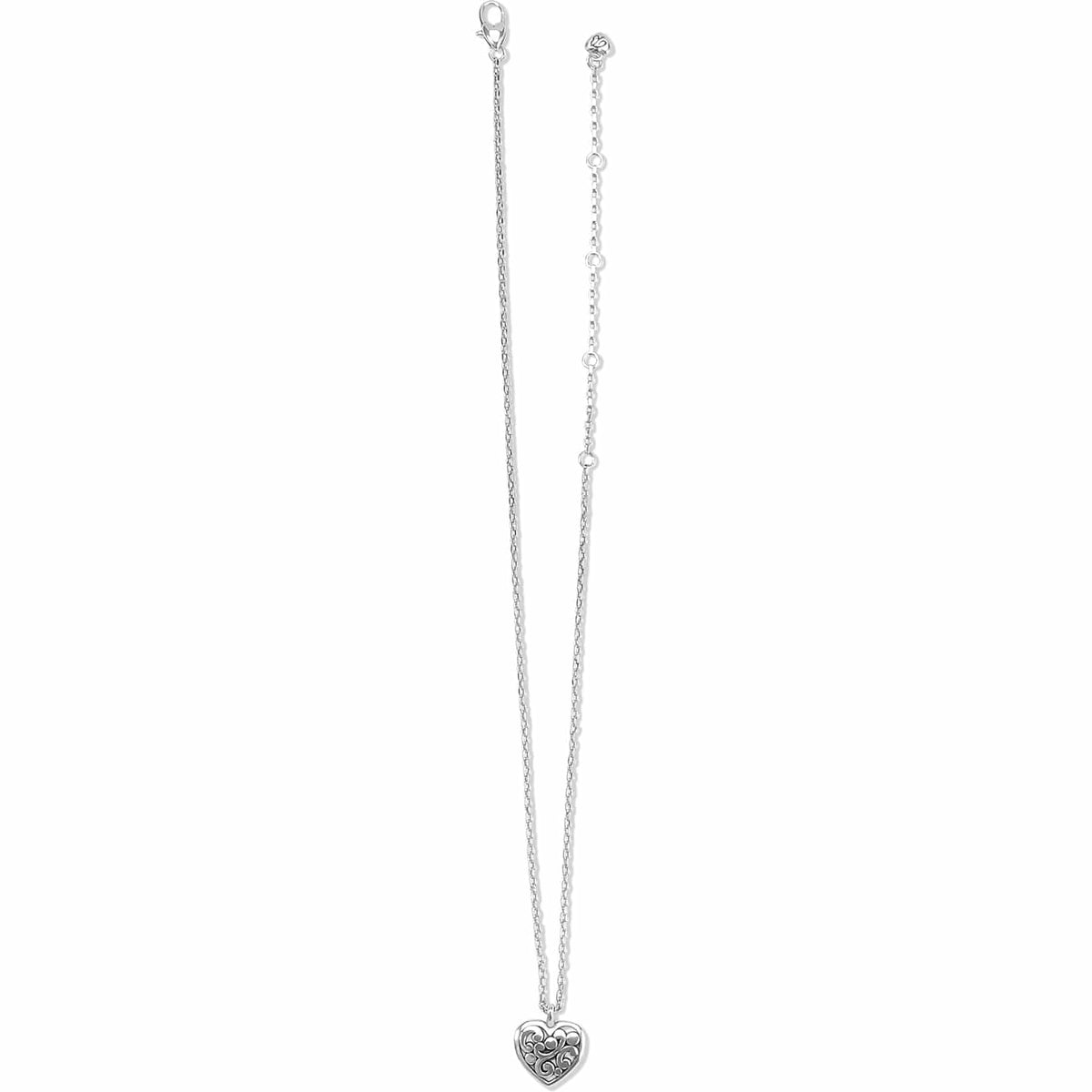 Brighton heart pendant necklace with silver-plated scrollwork design and delicate chain with lobster clasp on a white background