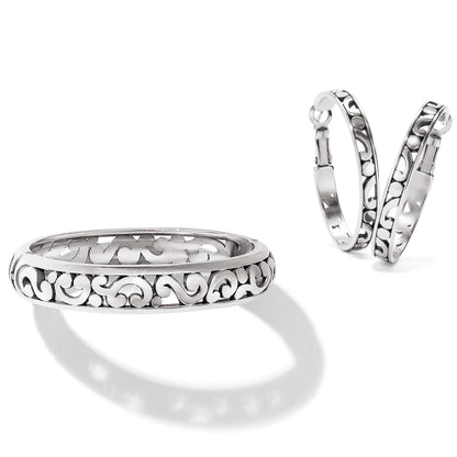 Brighton bangle bracelet and hoop earrings set with silver-tone scroll filigree design on a white background