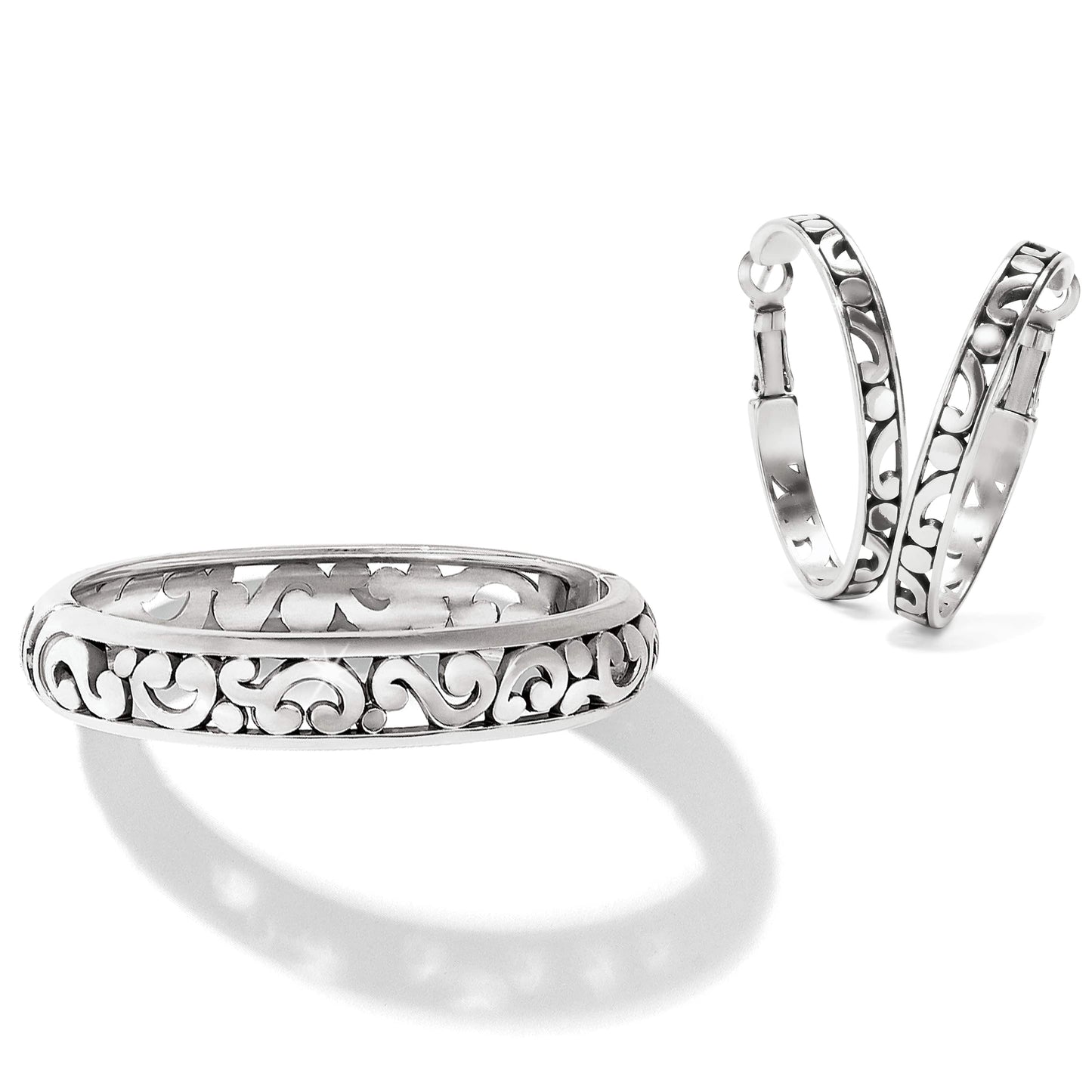 Brighton bangle bracelet and hoop earrings set with silver-tone scroll filigree design on a white background