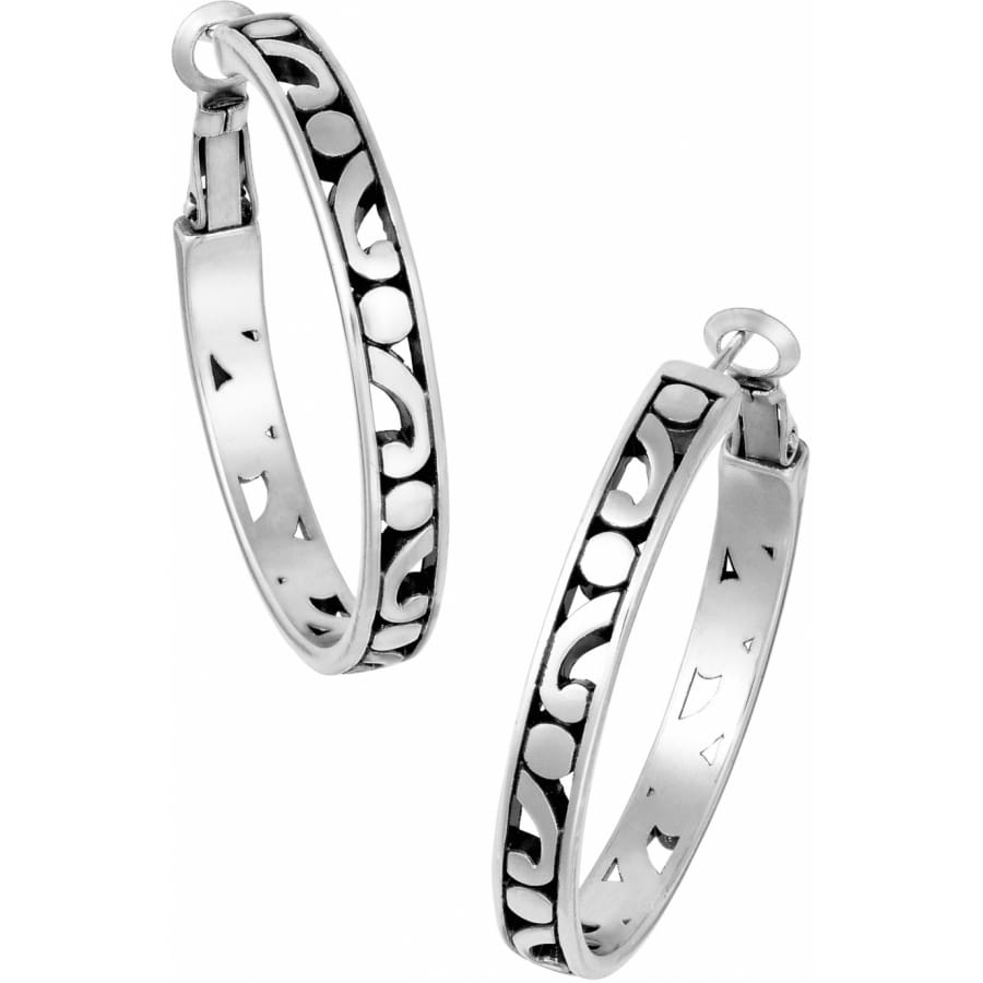 Brighton hoop earrings with silver-tone scroll cutout design and hinged closures on a white background
