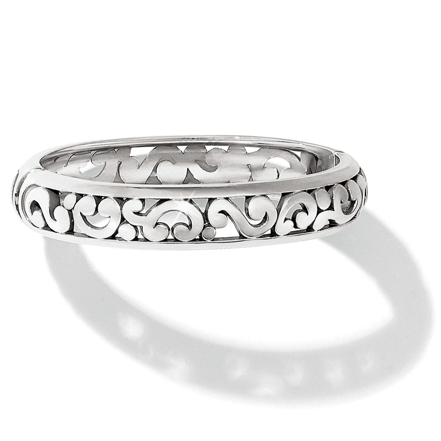 Brighton ring with silver-tone openwork scroll design around the band on a white background