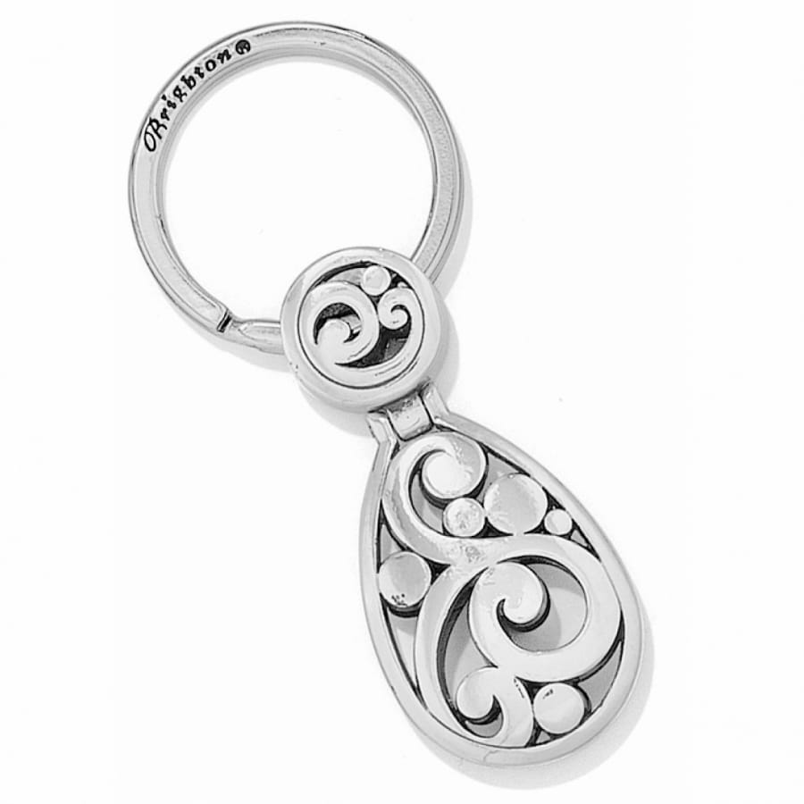 Brighton key fob with silver-plated teardrop pendant featuring openwork scroll design and split ring on a white background