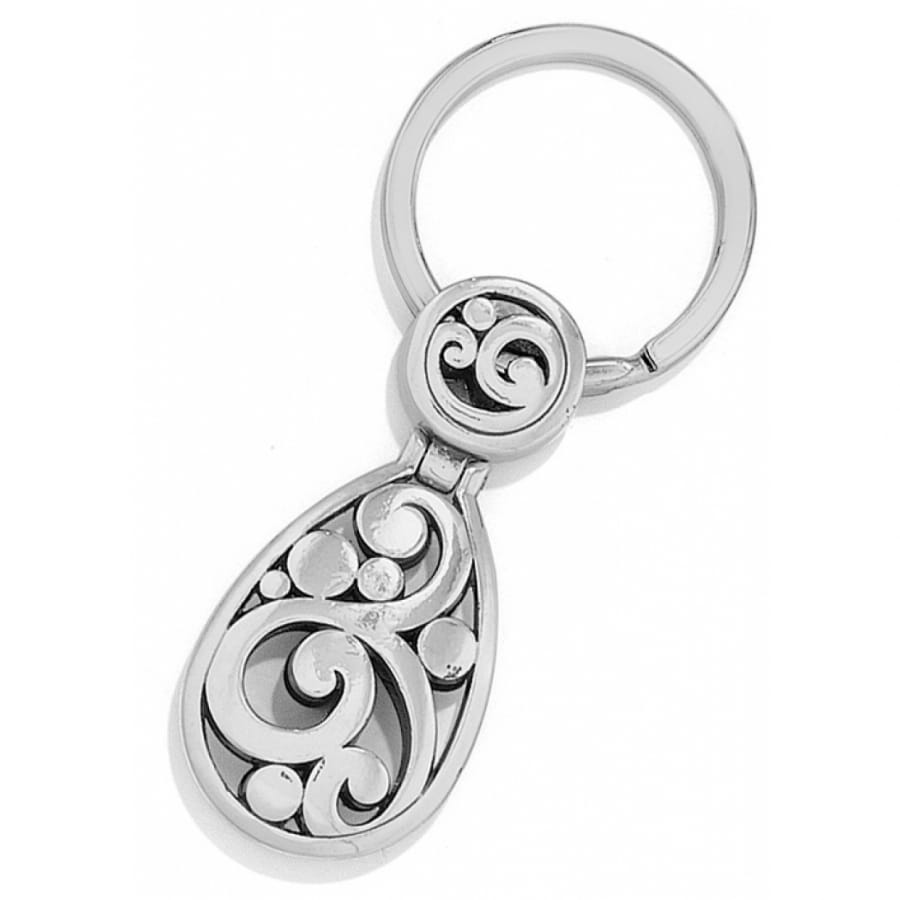 Brighton teardrop keychain with silver-plated scrollwork filigree design and split ring on a white background