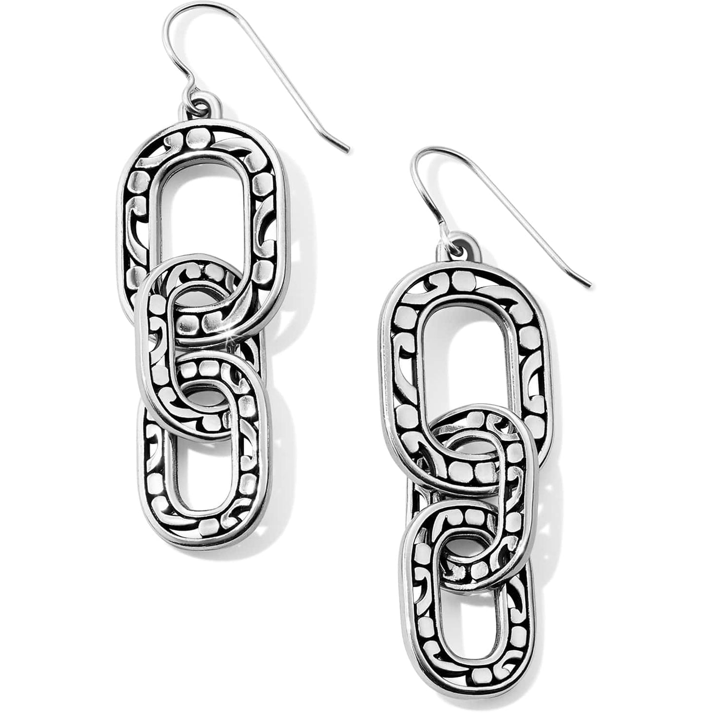 Brighton drop earrings with three interlocking silver-plated links featuring scroll and dot patterns on a white background