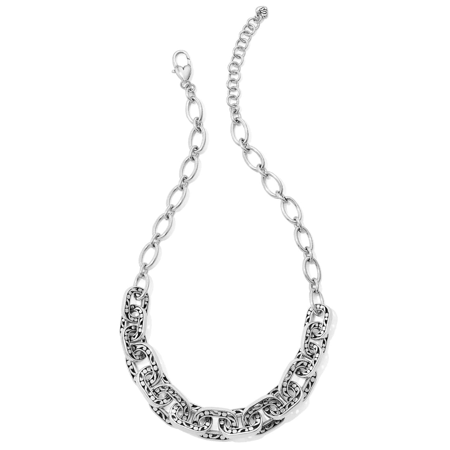 Brighton chain link necklace with ornate silver-plated scroll detailed links and lobster clasp on a white background
