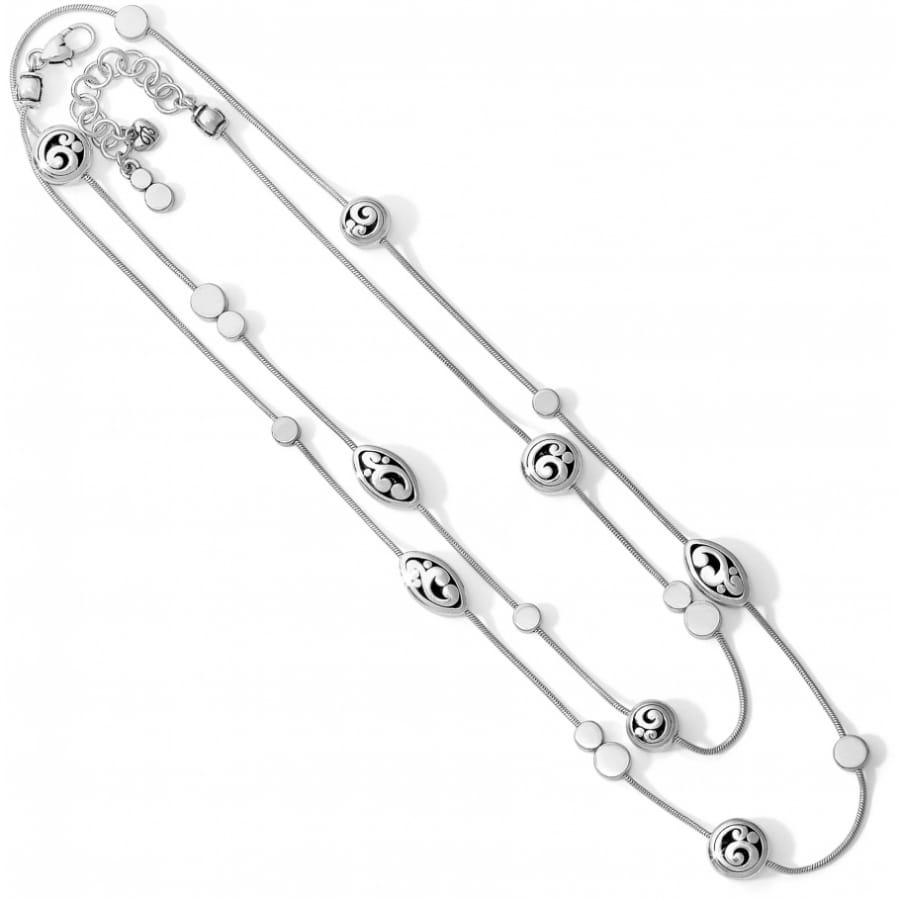 Brighton layered necklace with silver-plated scroll stations, disc accents, and snake chain strands on a white background