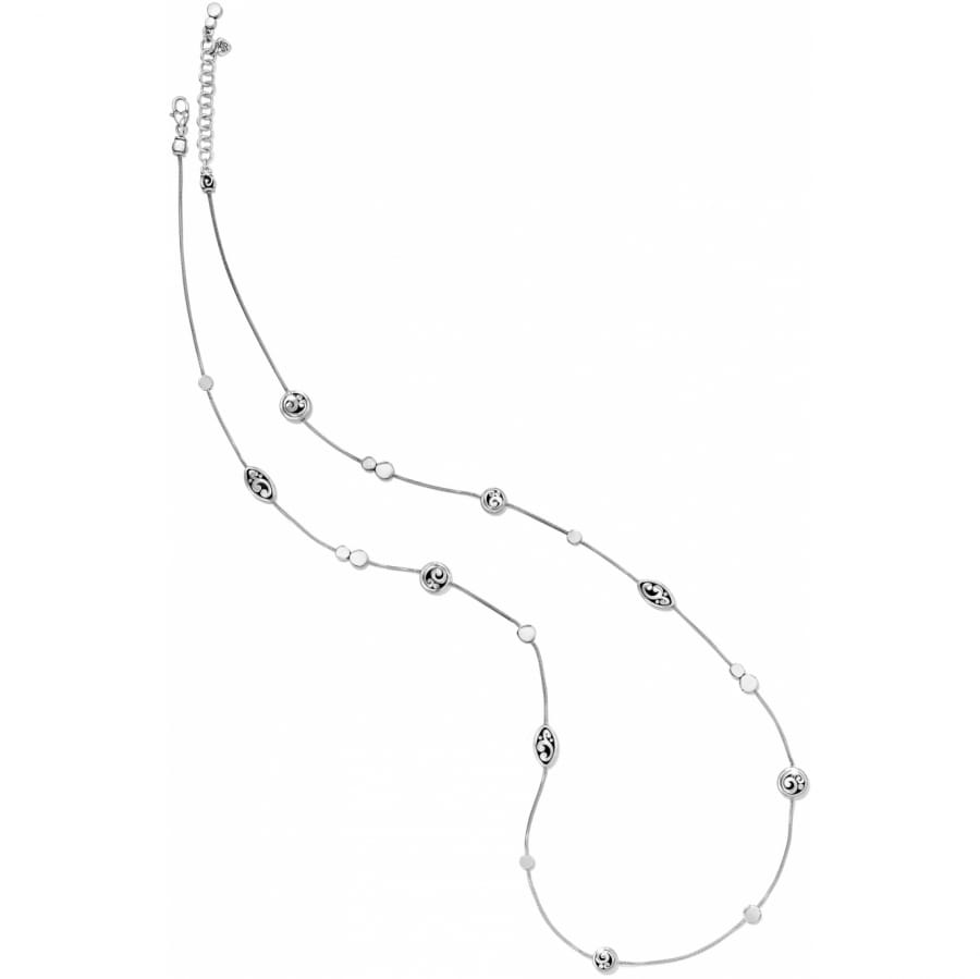 Brighton long station necklace with silver-plated oval scroll beads and round accents on a white background