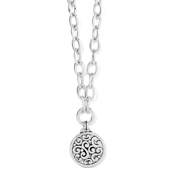 Brighton pendant necklace with silver-plated round scroll medallion and oval link chain on a white background