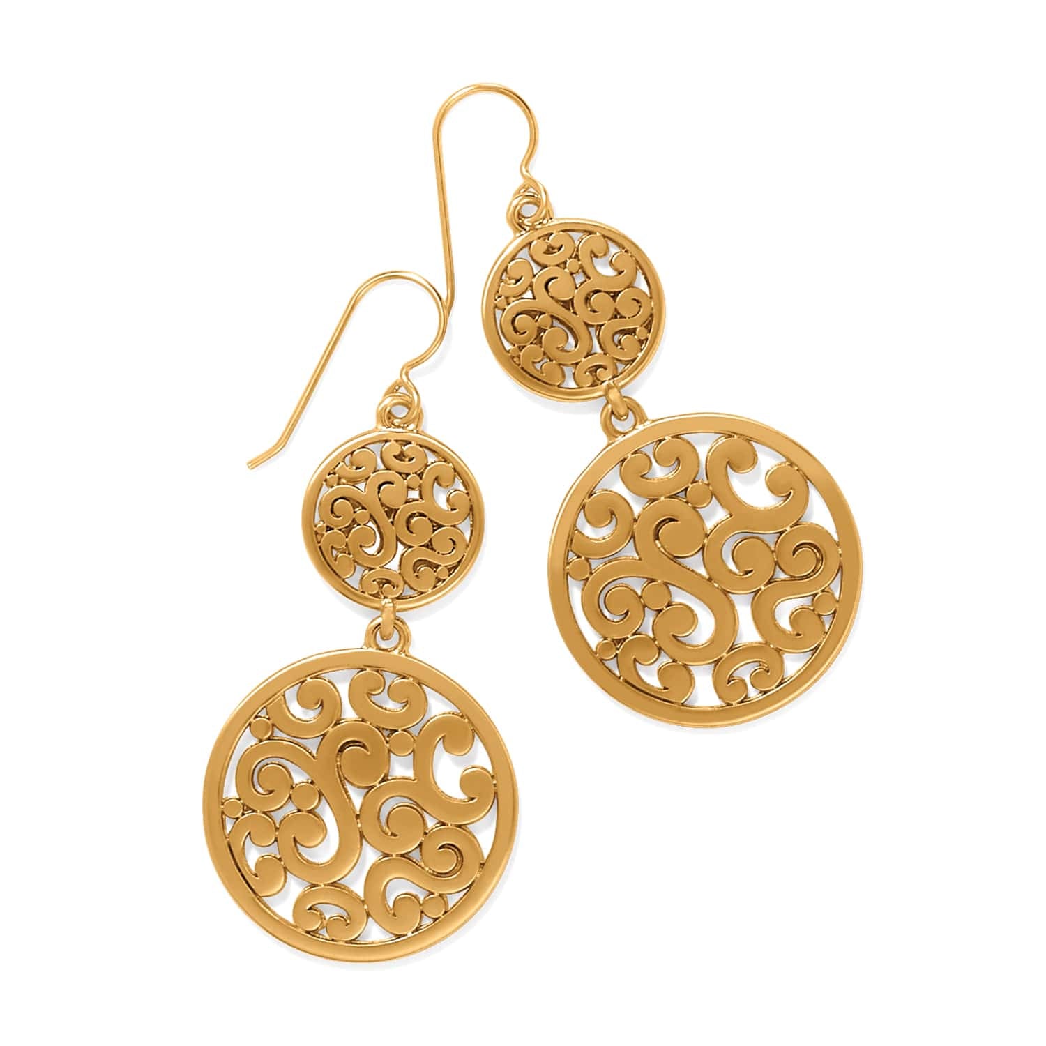Brighton drop earrings with two tiered round filigree discs in gold-tone scrollwork pattern on a white background