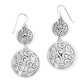 Brighton drop earrings with two silver-plated round discs featuring openwork scroll filigree design on a white background