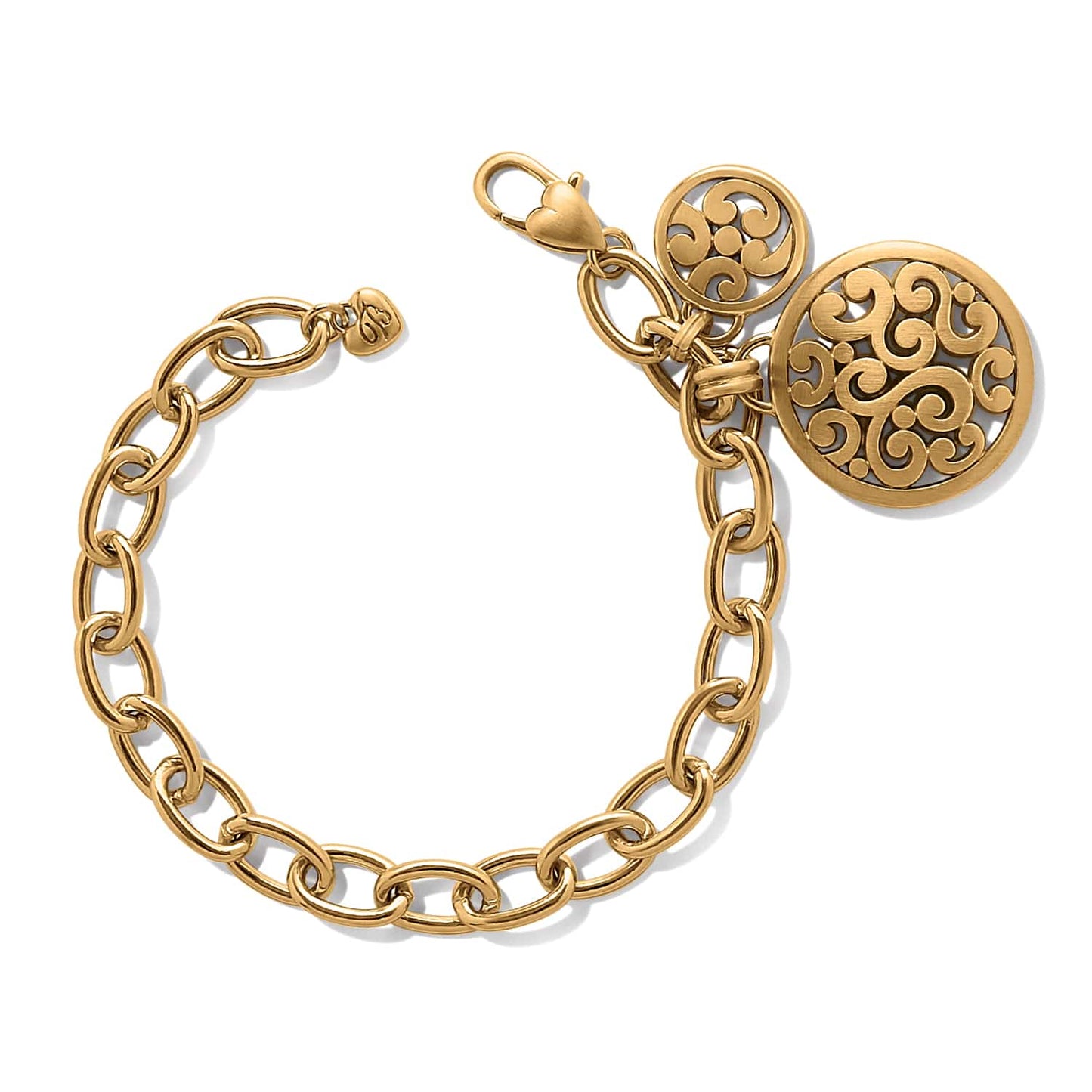 Brighton charm bracelet with gold-plated chain links and two ornate openwork scroll medallion charms on a white background