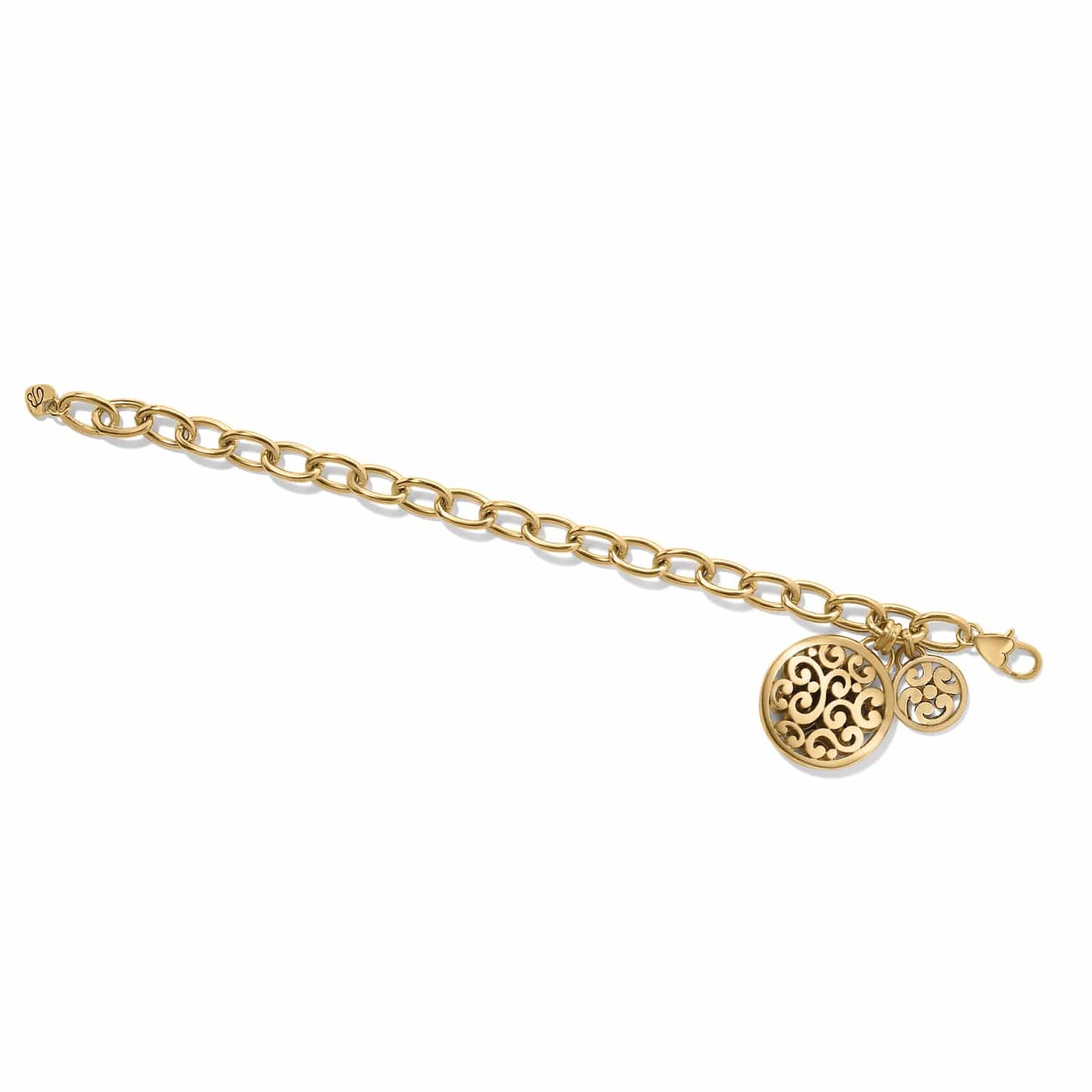 Brighton charm bracelet with gold-plated chain links and two openwork scroll medallion charms on a white background