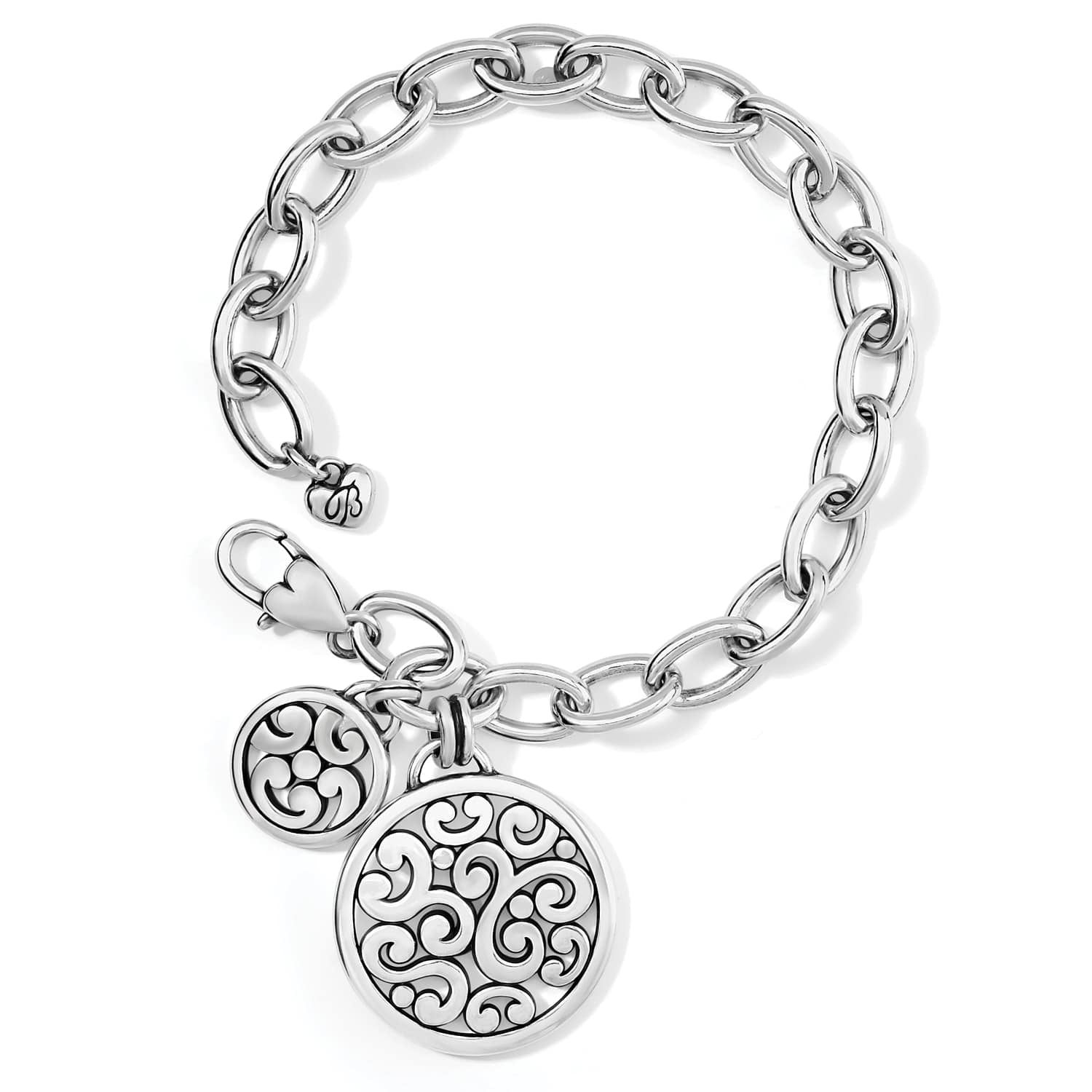 Brighton charm bracelet with silver-tone link chain and two round filigree scrollwork medallion charms on a white background