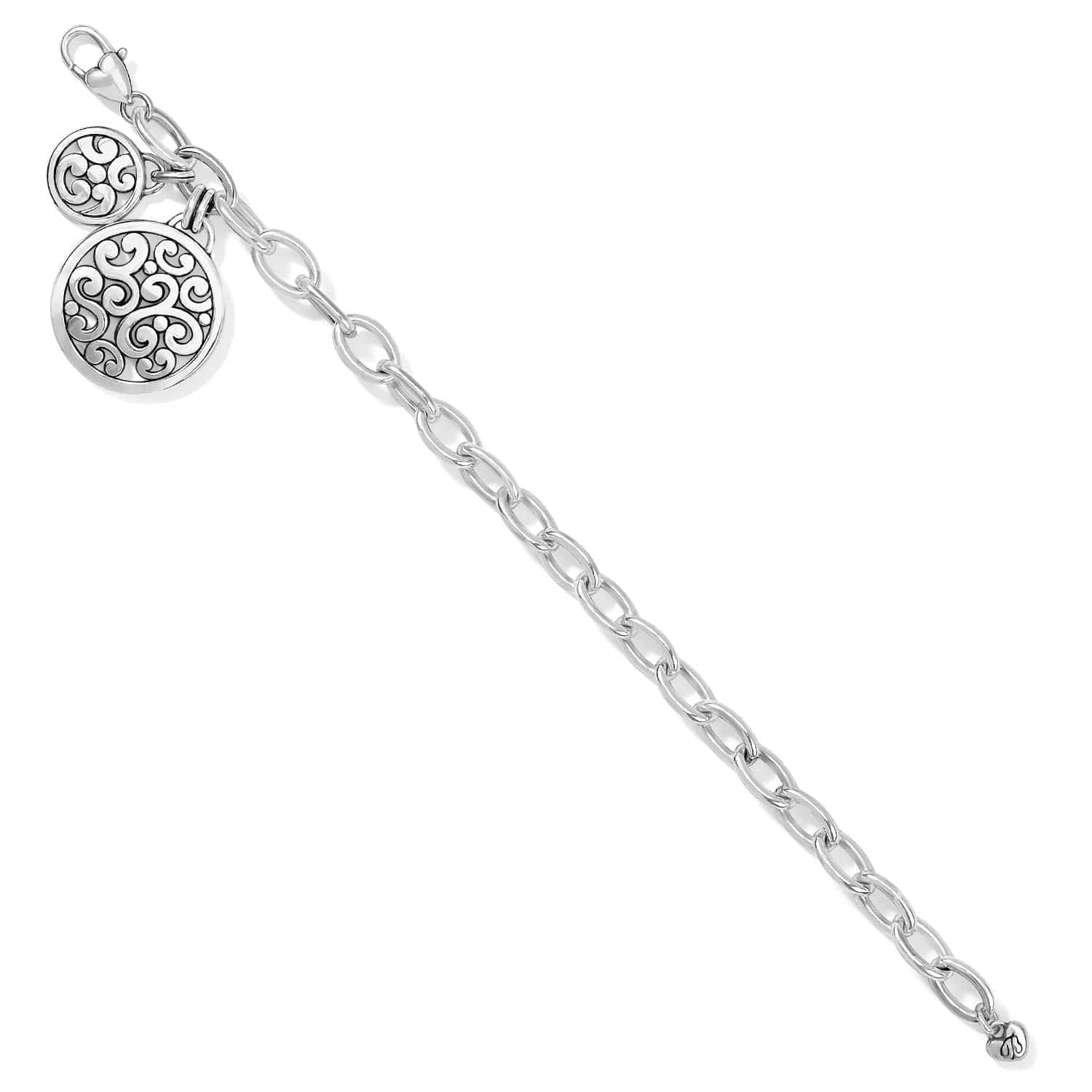 Brighton charm bracelet with silver-tone link chain and two round scroll-patterned medallion charms on a white background