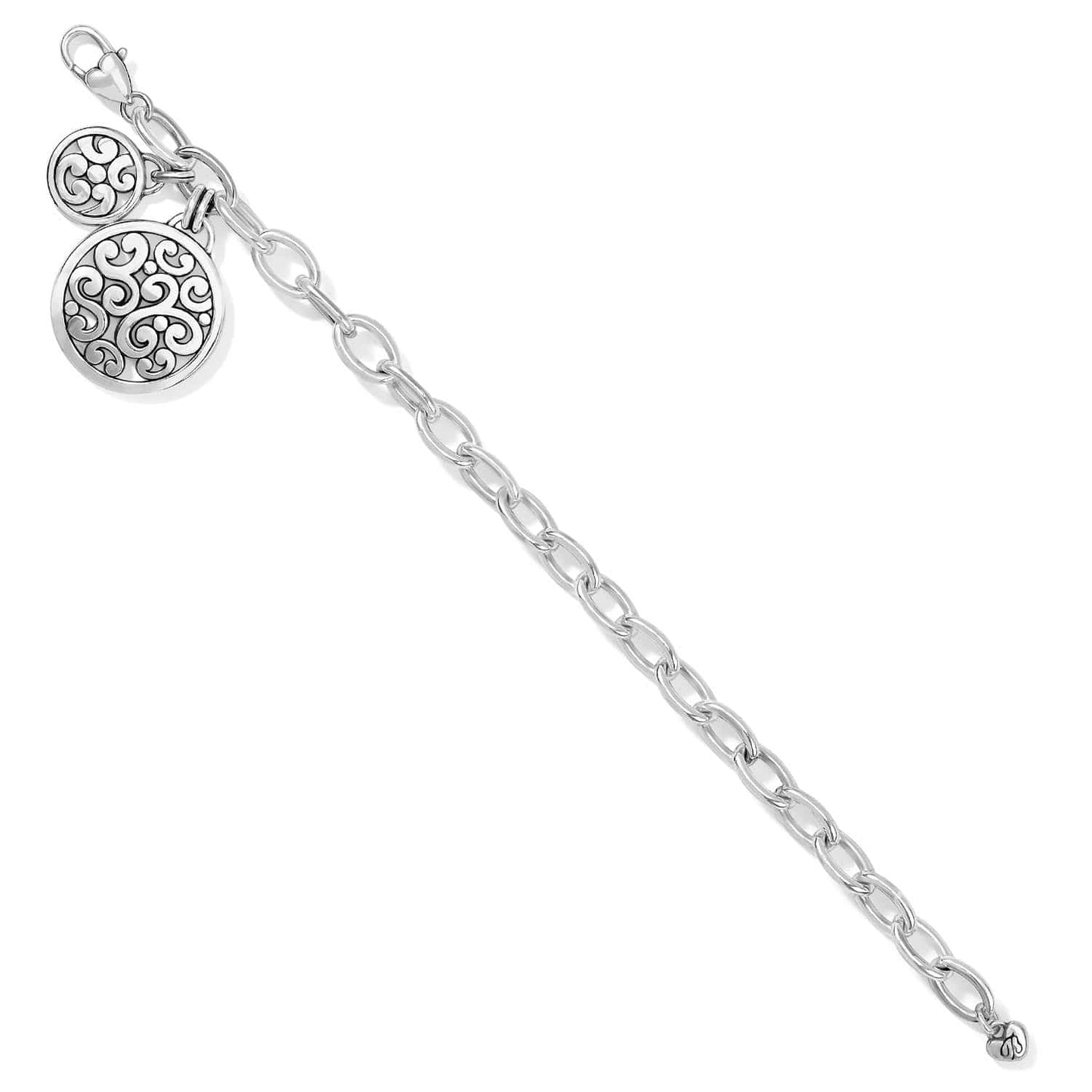 Brighton charm bracelet with silver-tone link chain and two round scroll-patterned medallion charms on a white background