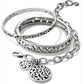 Brighton bangle bracelets and charm bracelet set with silver-tone scroll cutout designs and round medallion charms on a white background