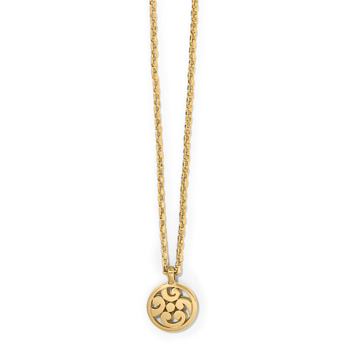 Brighton pendant necklace with gold-plated round medallion featuring openwork scroll design and delicate chain on a white background