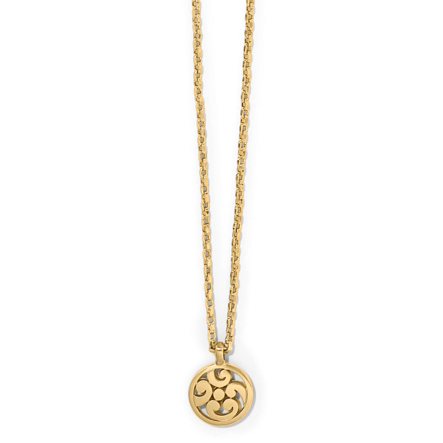 Brighton pendant necklace with gold-plated round medallion featuring openwork scroll design and delicate chain on a white background