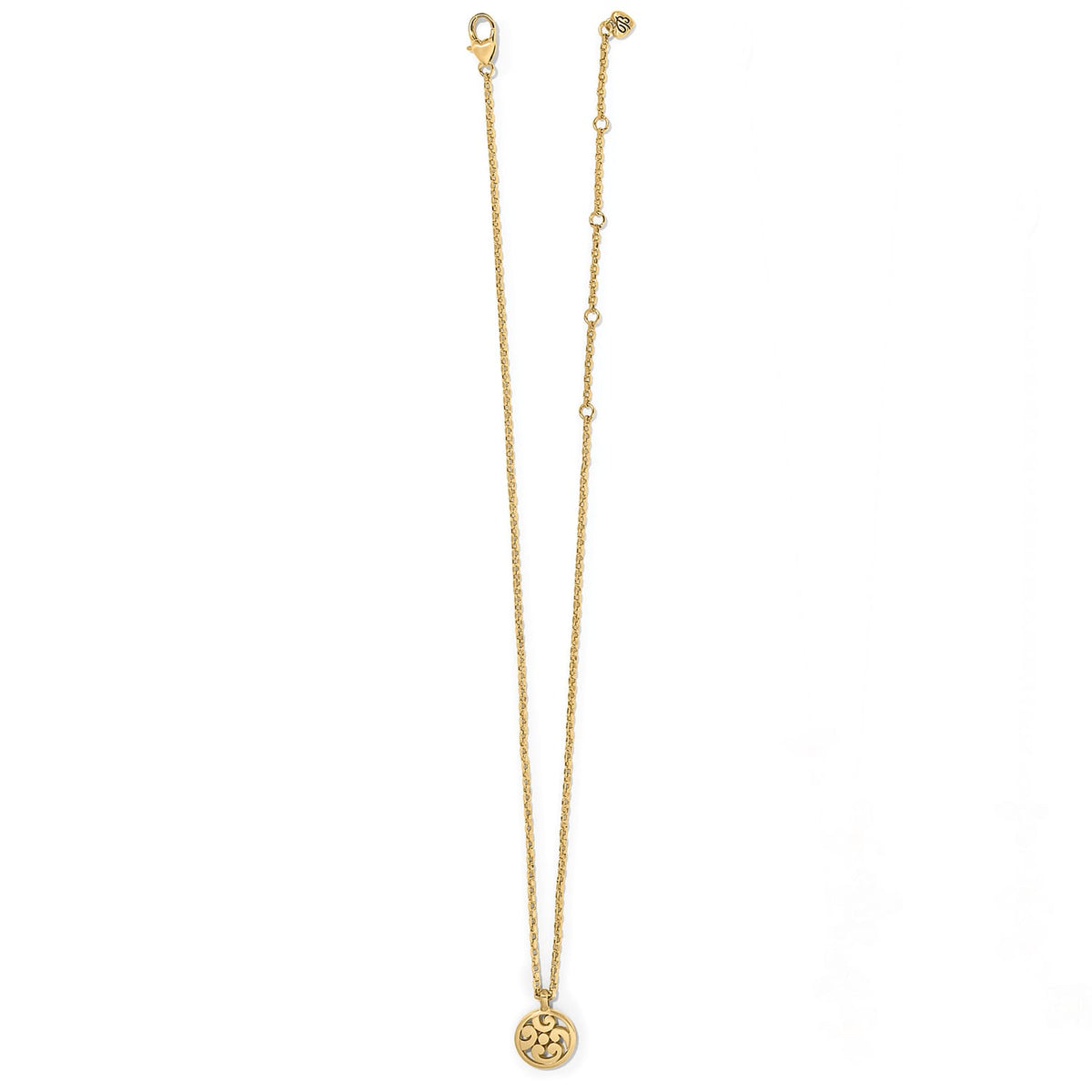 Brighton pendant necklace with gold-plated chain and small round openwork medallion charm on a white background