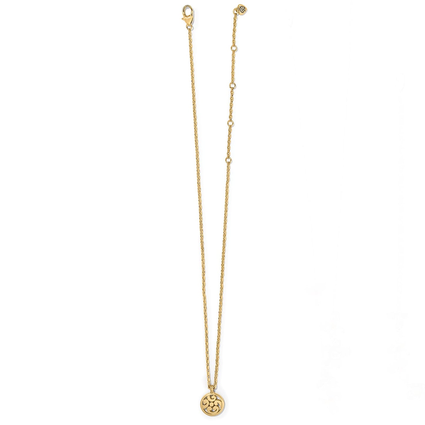 Brighton pendant necklace with gold-plated chain and small round openwork medallion charm on a white background