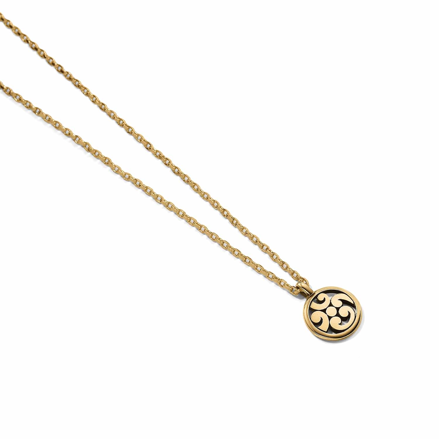 Brighton pendant necklace with gold-plated chain and small round scroll medallion charm on a white background