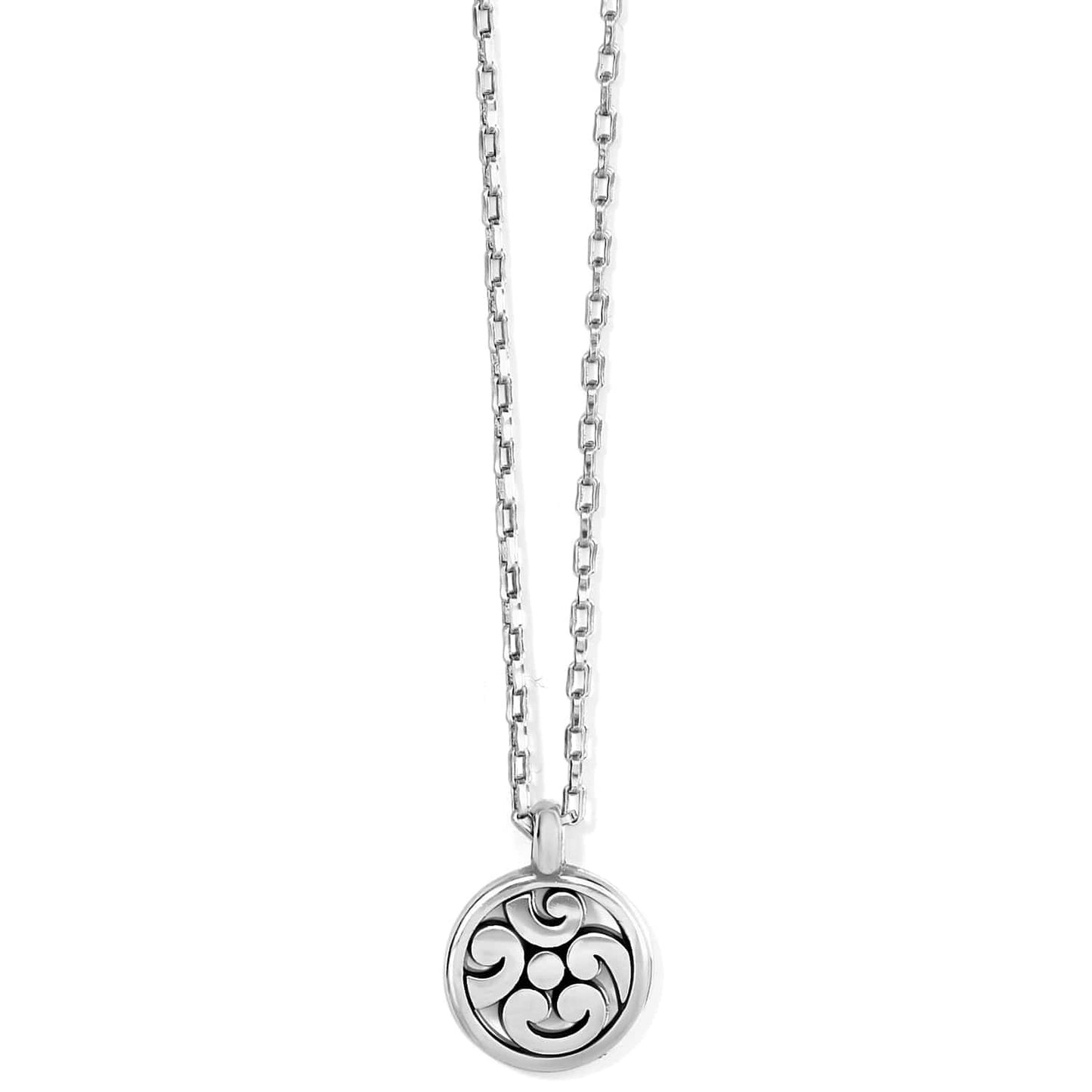 Brighton pendant necklace with round silver-tone medallion featuring openwork scroll design and box chain on a white background