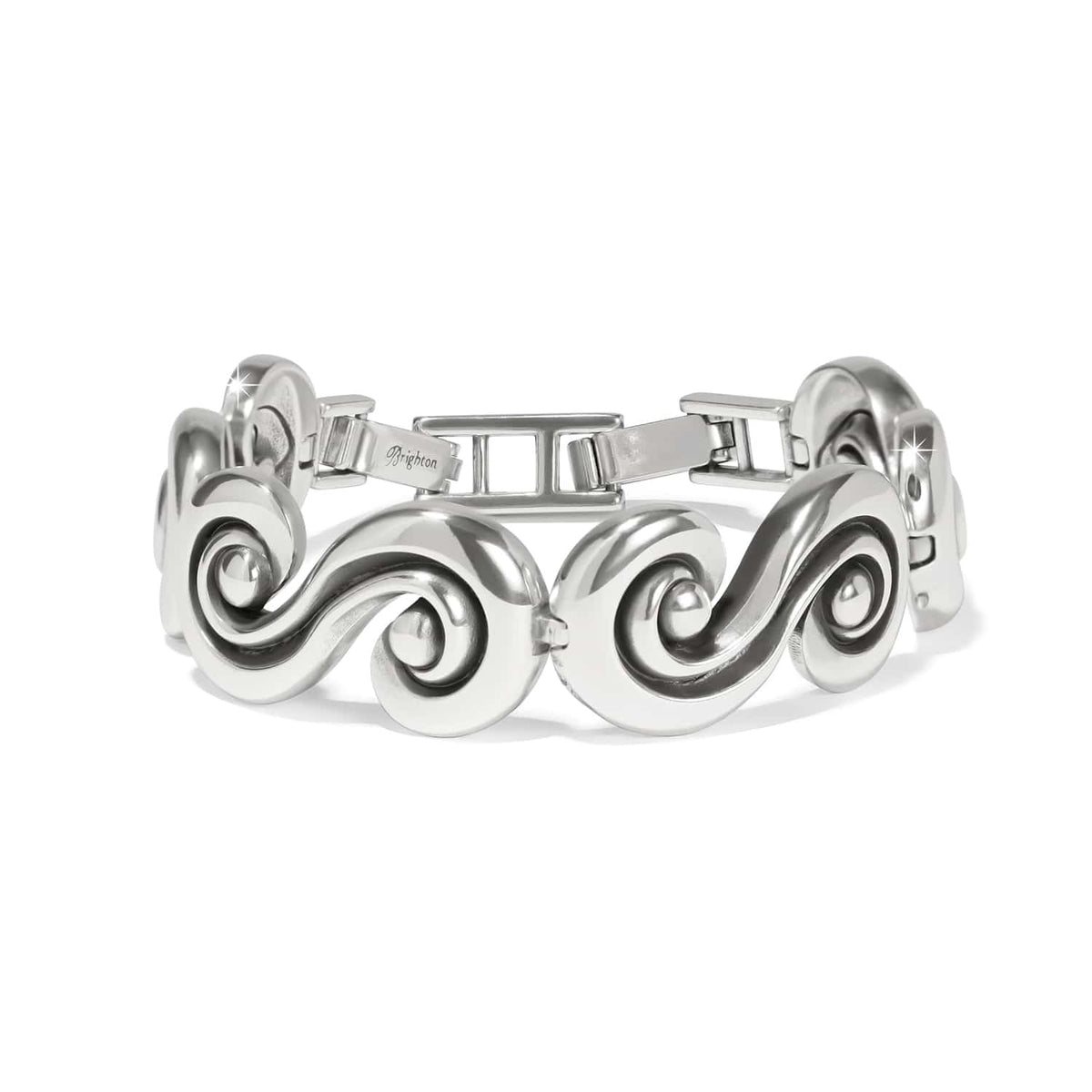 Brighton bracelet with silver-plated swirling wave links and hinged clasp on a white background