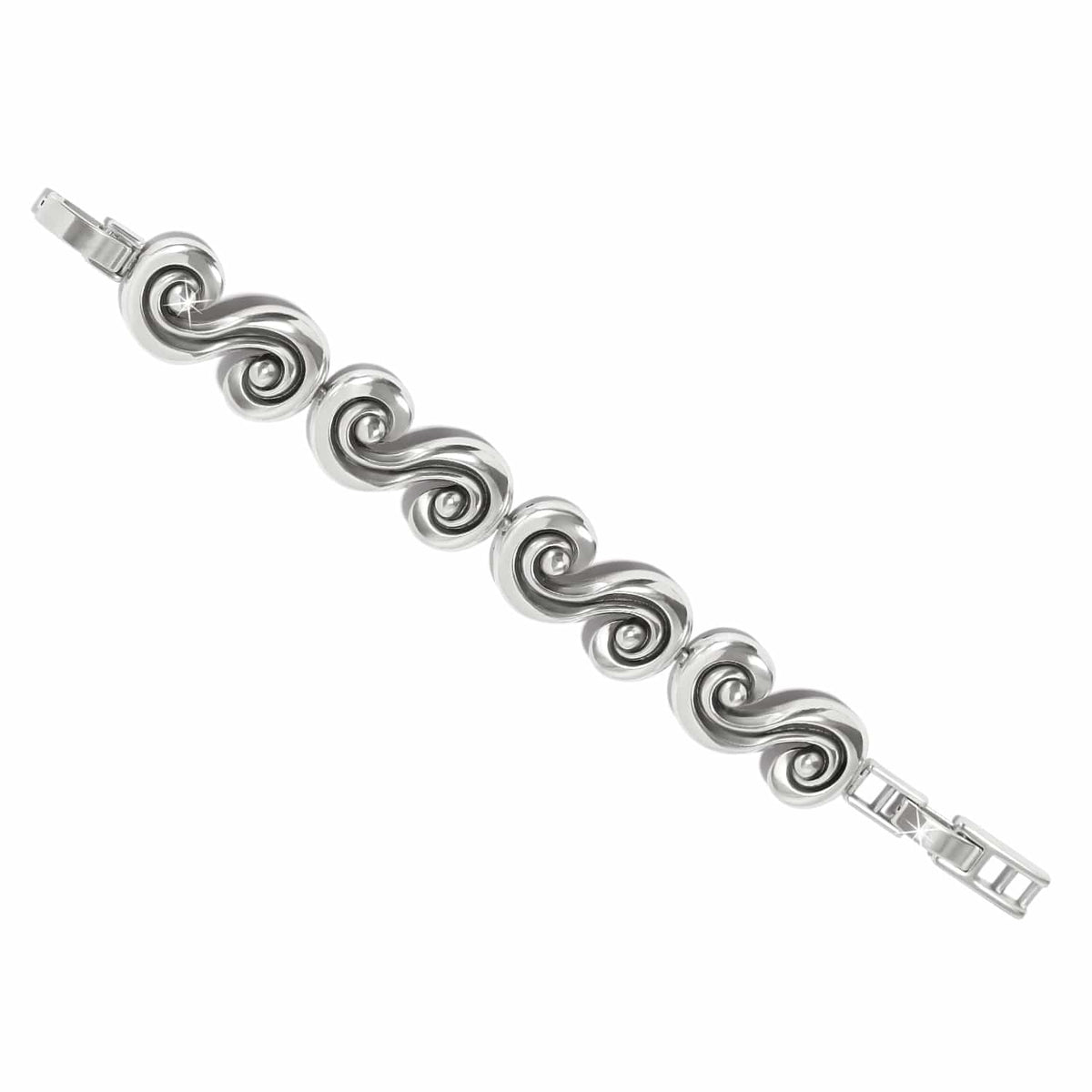Brighton bracelet with silver-plated swirling scroll links and folding clasp closure on a white background
