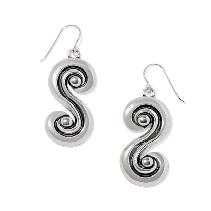 Brighton drop earrings with silver-plated double swirl scroll design and French wire hooks on a white background