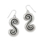 Brighton drop earrings with silver-plated swirled S-shaped design and polished bead centers on a white background