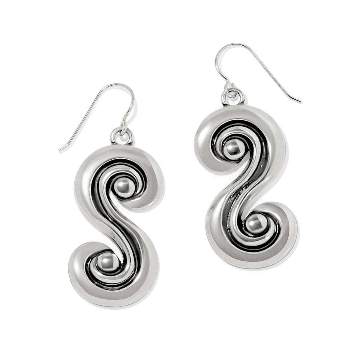 Brighton drop earrings with silver-plated swirled S-shaped design and polished bead centers on a white background