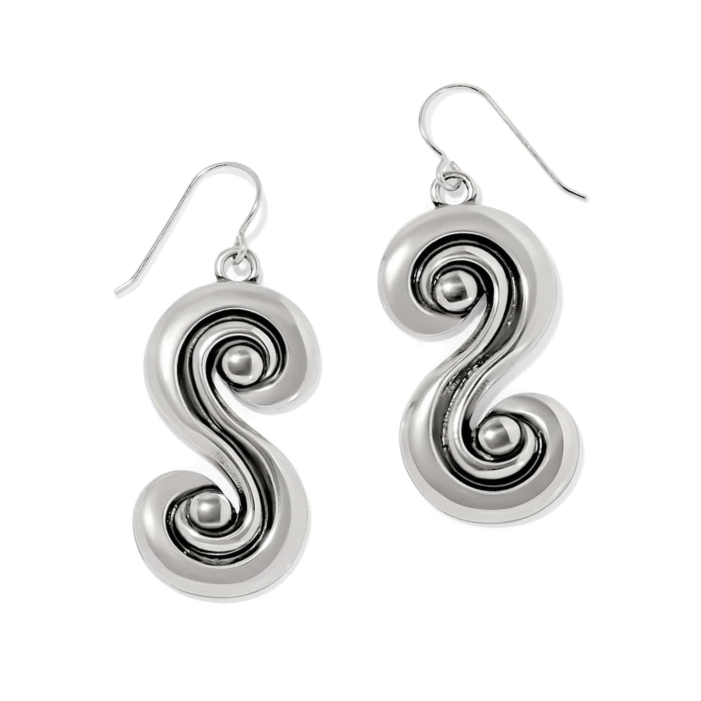 Brighton drop earrings with silver-plated swirled S-shaped design and polished bead centers on a white background