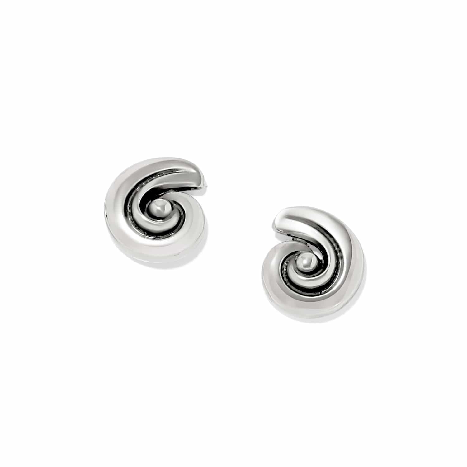 Brighton stud earrings with silver-plated swirl design and polished dome centers on a white background